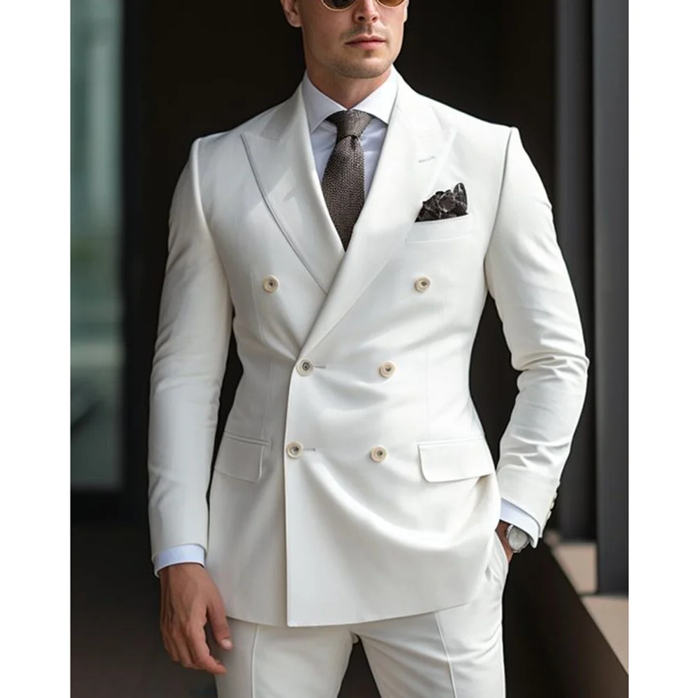 

Fashion White Suits for Men 2 Piece Set Chic Peak Lapel Wedding Groom Tuxedo Slim Luxury Double Breasted Solid Men Clothing