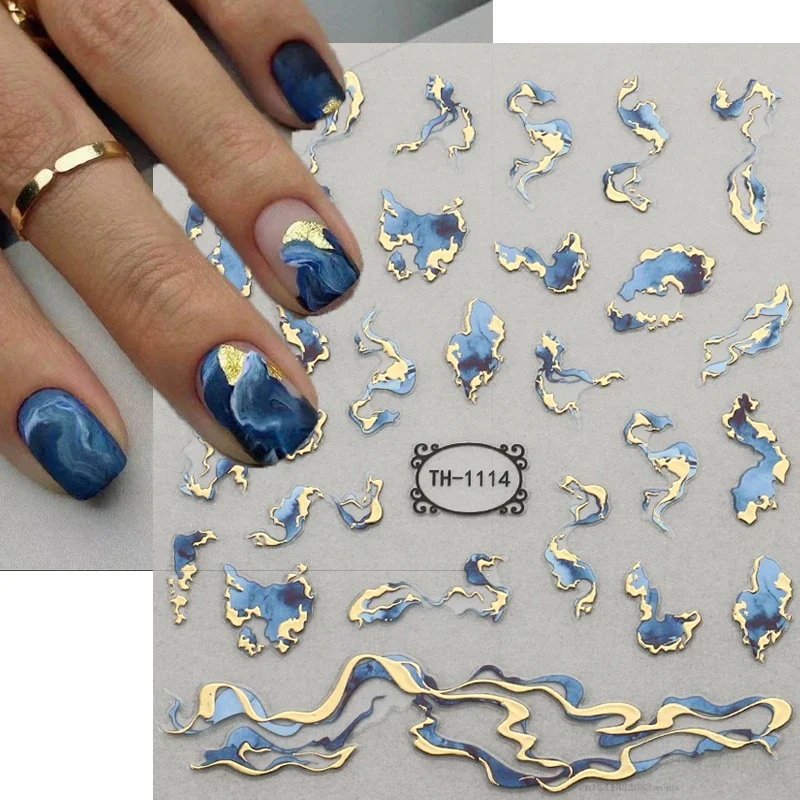 

3D Nail Art Stickers Golden Wave Line Marble Blue Geometry Abstract Flowers Nail Art Sliders Decals Foils Manicure Decorations