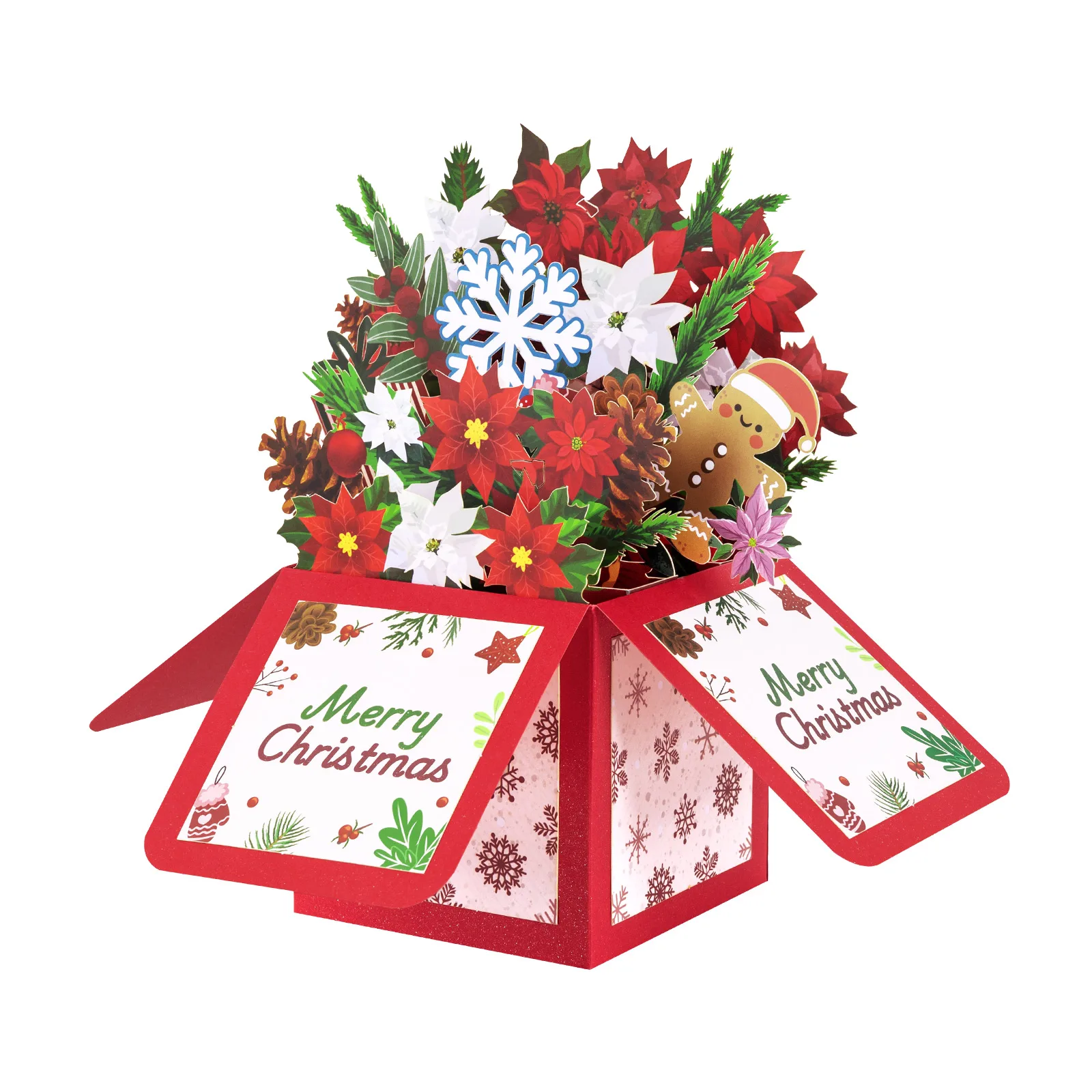 Christmas Pop-up Card, Winter Holidays Poinsettia snowflakes Design 3D Merry Christmas Greeting Cards