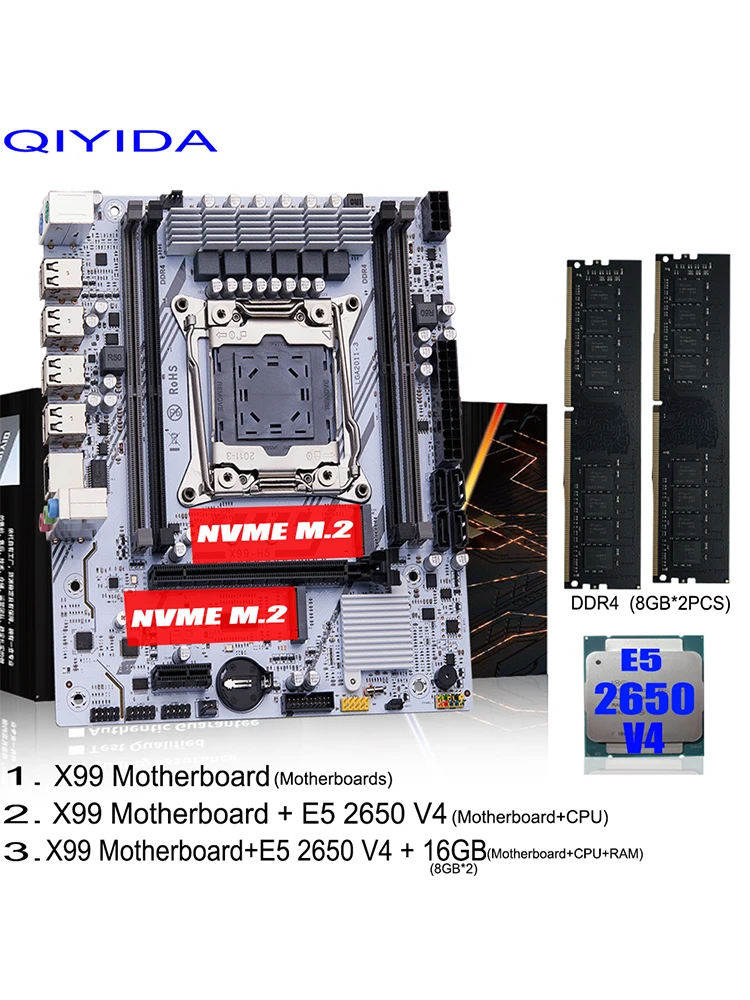 Zestaw płyty głównej QIYIDA X99 Xeon LGA2011-3 E5 2650 V4 2 szt. * 8 GB = 16 GB pamięci RAM DDR4 USB PCI 3.0 NVME M.2 SATA M-ATX — zdjęcie 2