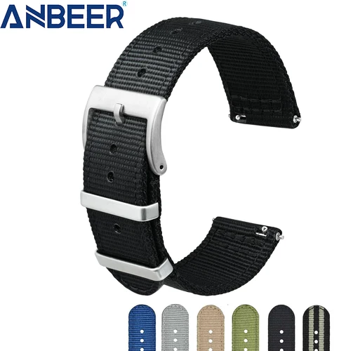 ANBEER Correa de reloj de nailon de dos piezas, correa de nailon de 18 mm, 19 mm, 20 mm, 22 mm y 24 mm, correa de reloj de repuesto para hombres, hebilla de acero plateado