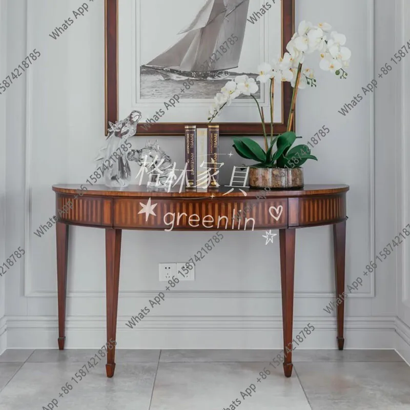 American medieval walnut color entrance table neoclassical semi-circular end view platform corridor entrance table