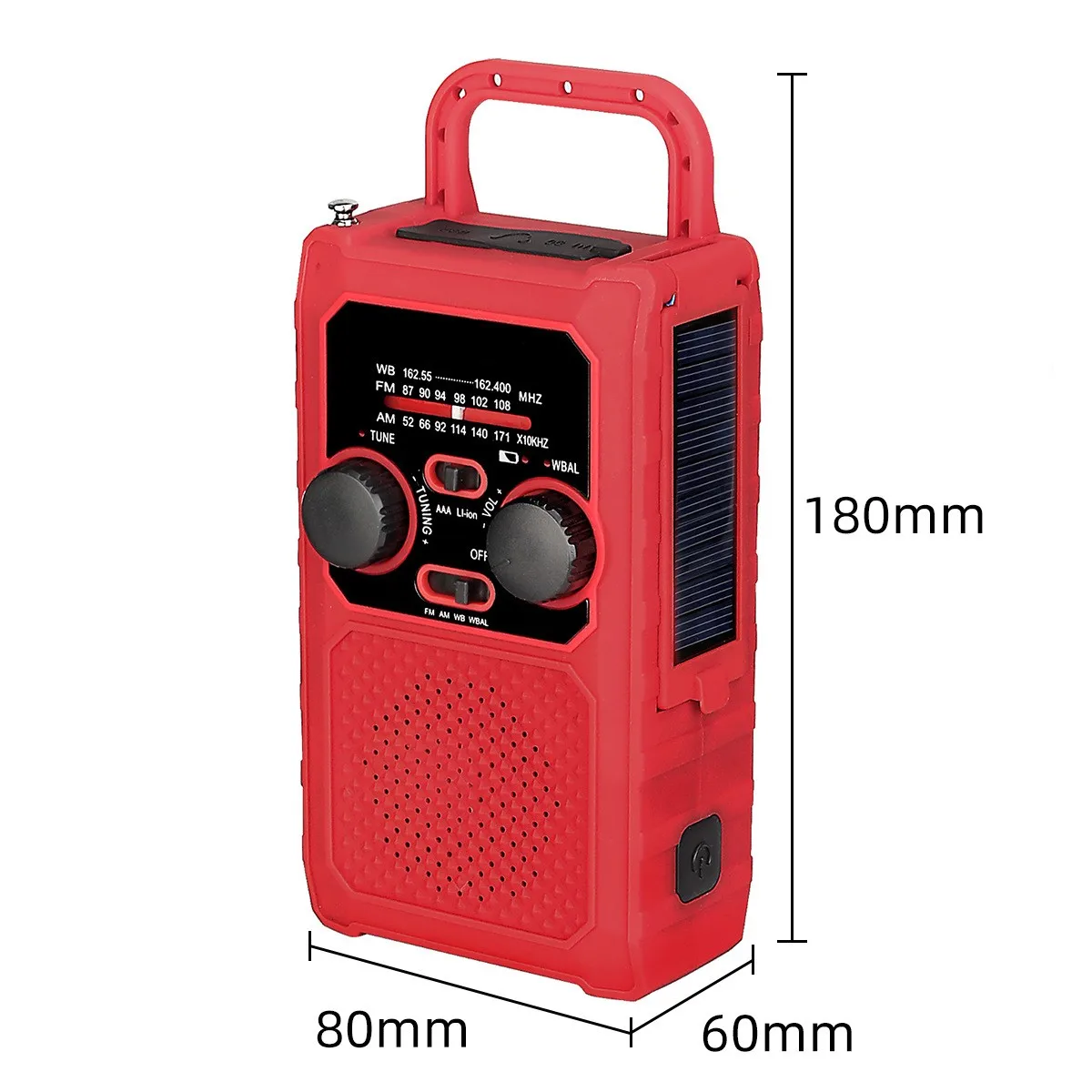 Radio d'urgence à énergie solaire manuelle, alarme d'urgence SOS, lampe de poche haute luminosité, rouge, TR201