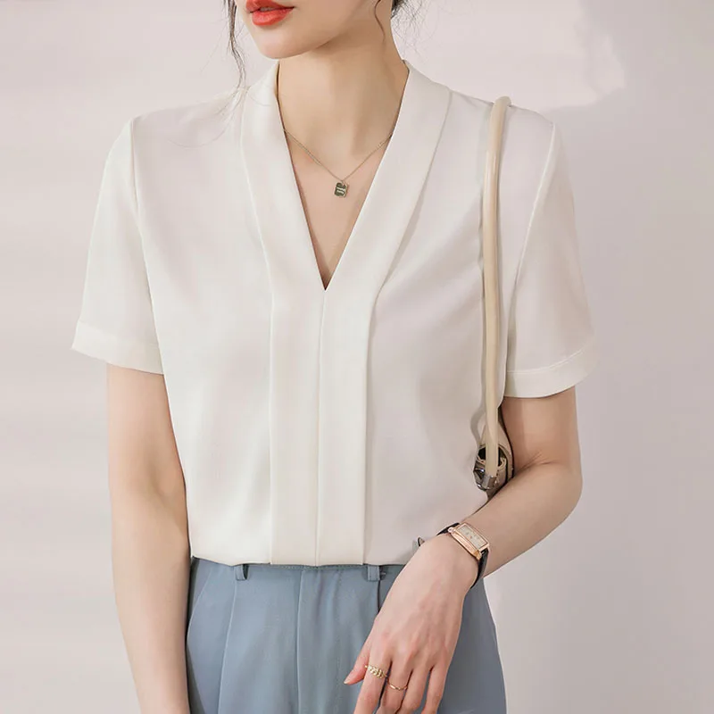 

Summer Short Sleeve V-Neck Women Blouse White Office Lady Chiffon Blouse Shirt Women Tops Shirts Blusa Camisas De Mujer 2024 M91