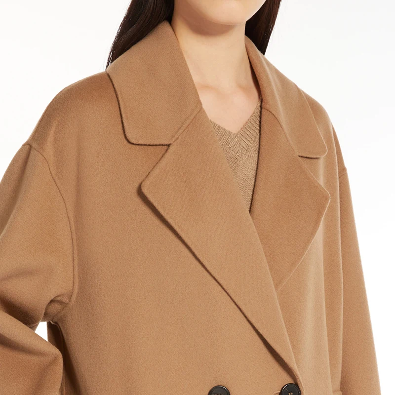 Manteau en laine de chameau minimaliste moderne pour femme, vêtements de travail à double boutonnage au genou personnalisés