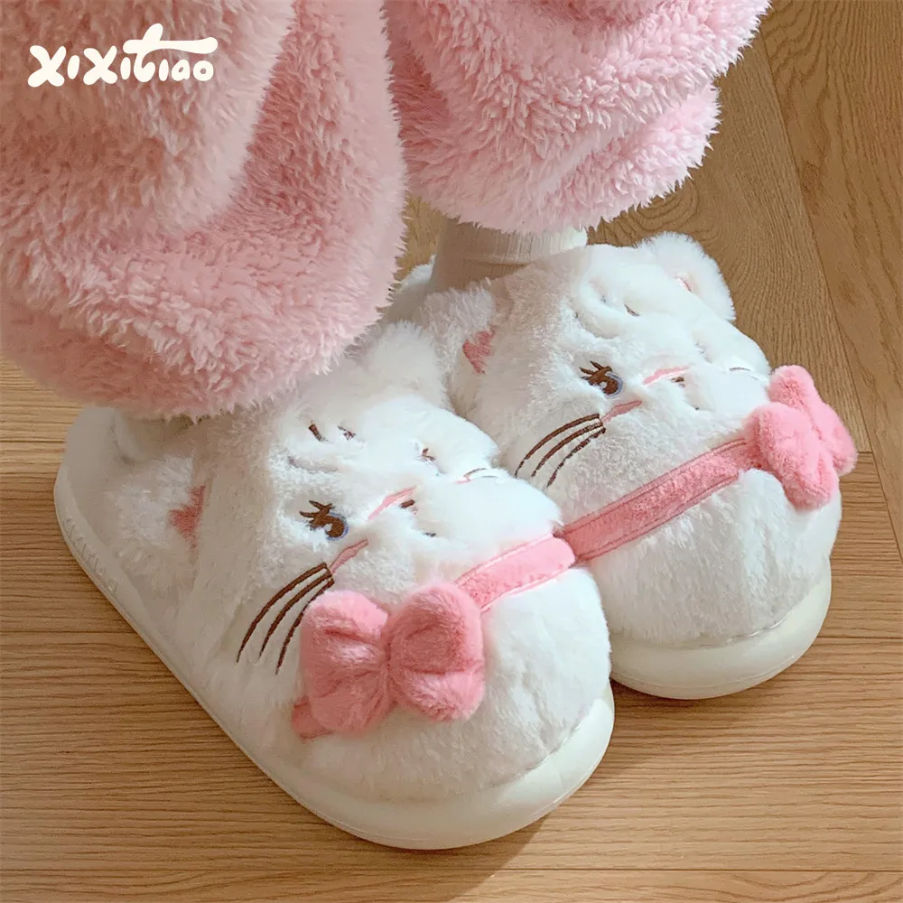 Cute Sweet Bow Cartoon Kitten Plush Cotton Fleeze Slippers Autumn & Winter Mikko Joint Home Warm Fluffy Shoes Indoor Shoes Women