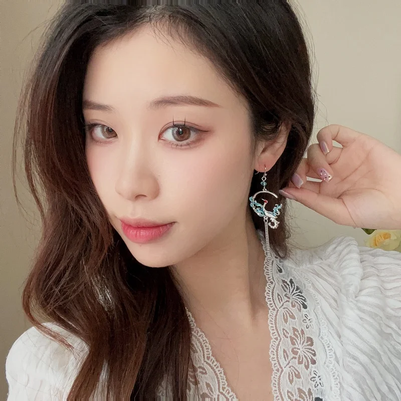 Vintage Enamel Crane Dangle Earrings for Women Chinese Style Crystal Fan Long Tassel Earring Temperament Party Jewelry Gift