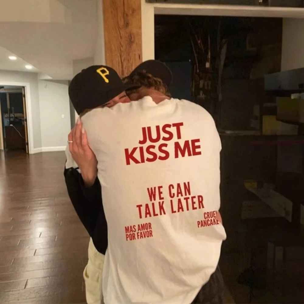 2026 Summer White Four-block Burgundy Text Back Print Tee Tiered Bold Font Romantic Slogan Layout Oversized Unisex Tops