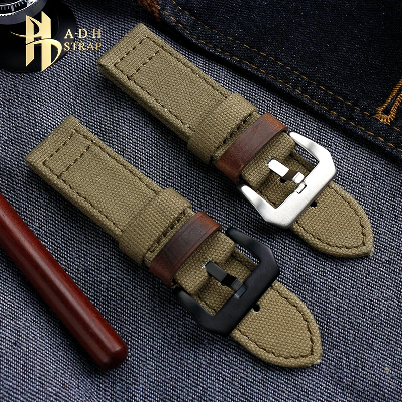 Double Sided Canvas Watch Strap For Panerai PAM00618 Fossil Seagull 6109/6106/6107 Nylon Watchband 24mm Men