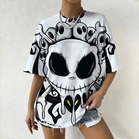 Disney The Nightmare Before Christmas Damen-Sommer-T-Shirt Jack Skellington Grafikdruck, lässiges Top für modische Streetwear