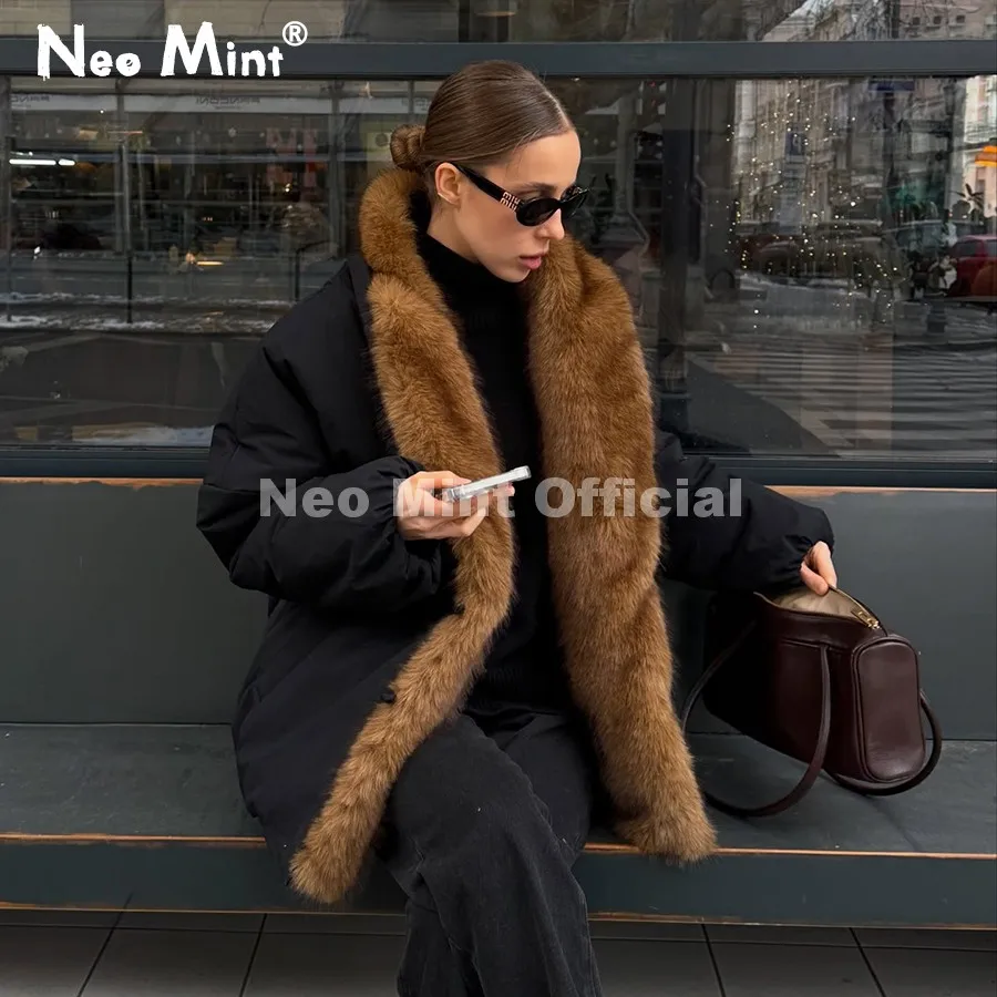Neo Mint Cozy Girls Oversized Shaggy Fur Trim Puffer Jacket Women Faux Fox Fur Shawl Collar Quilted Coat Winter Warm Outerwears
