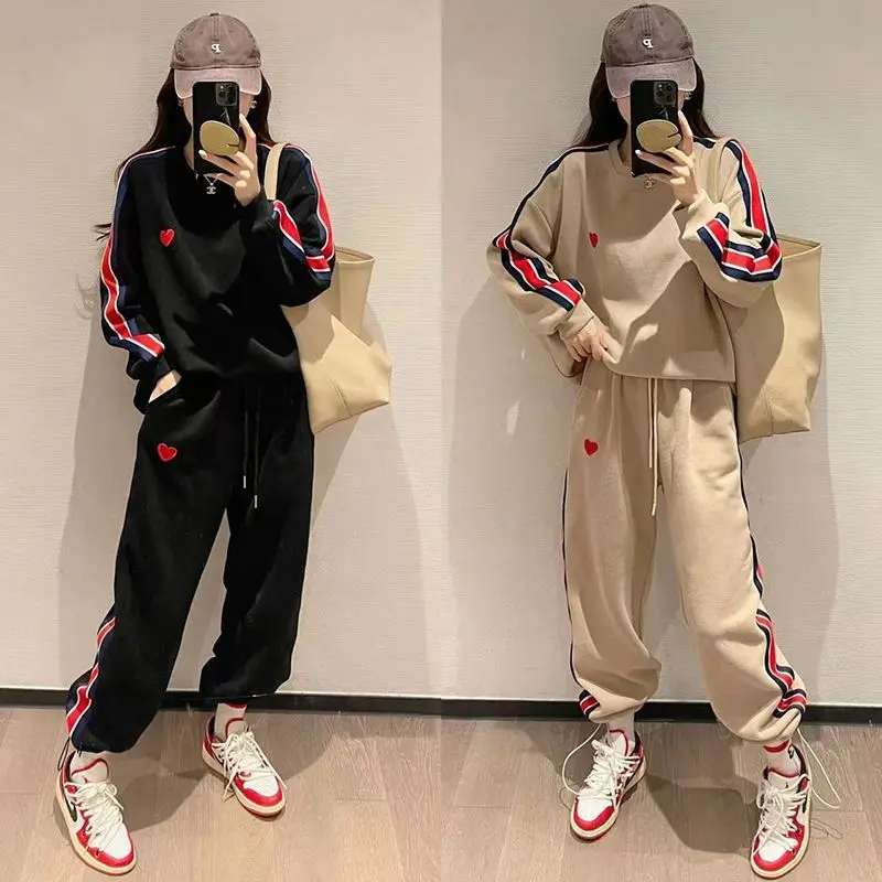 Autumn Cute Love Embroidery Pant Sets Two Pieces Tracksuits Khaki Side Striped Sweatshirt Women Girls Loose Sporty Korean Style