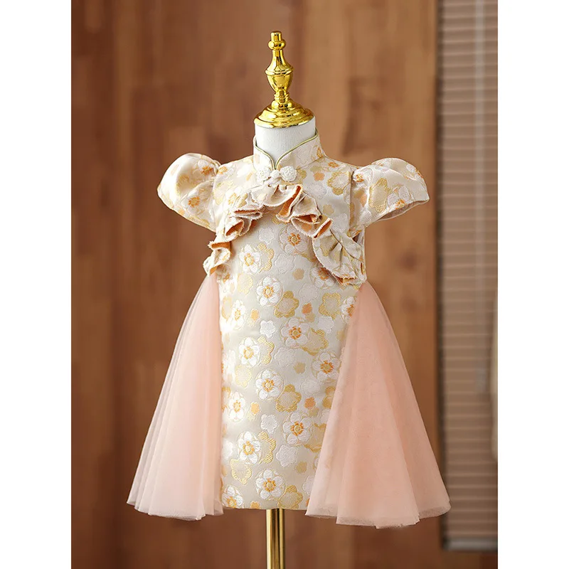 

2025Girls' New Chinese Style Retro High-End Embroidered Puff Sleeve Dress Gown