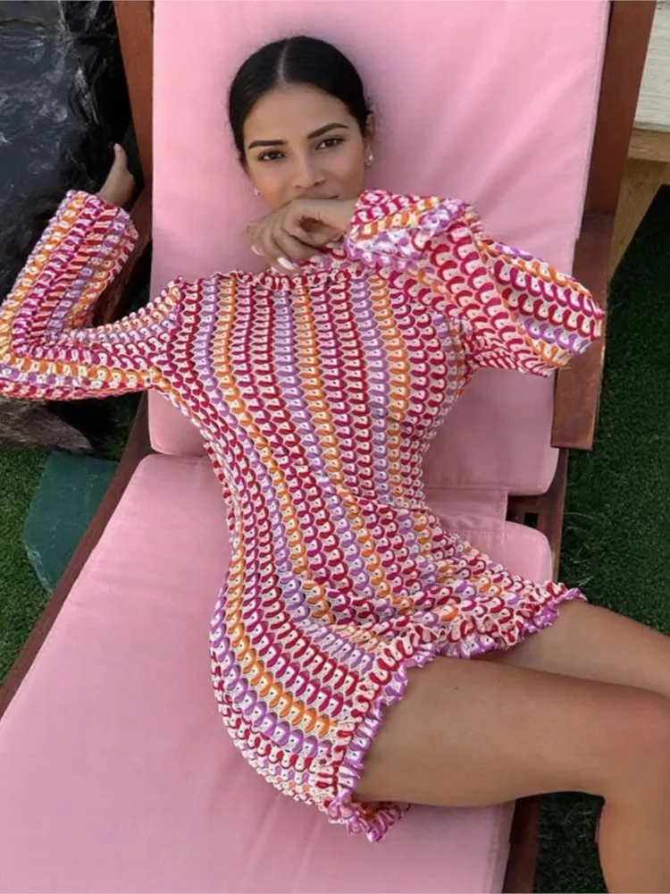 

2025 French Dress Casual Vestidos Sexy Vestido Feminino Mini Dresses Beachwear Color Colorful Knitted Backless Slim Long Sleeves
