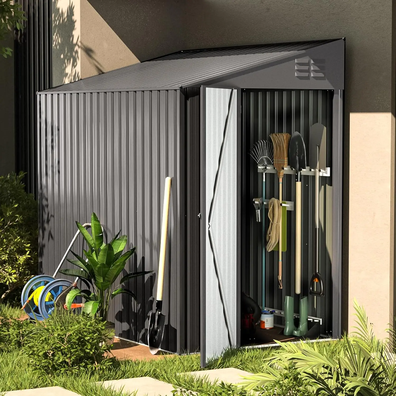 Outdoor Lean to Storage Sheds & Outdoor Storage,Small 4' x 7' Metal Wall Side Shed, Outdoor Storage Cabinet Bike Shed for Garden