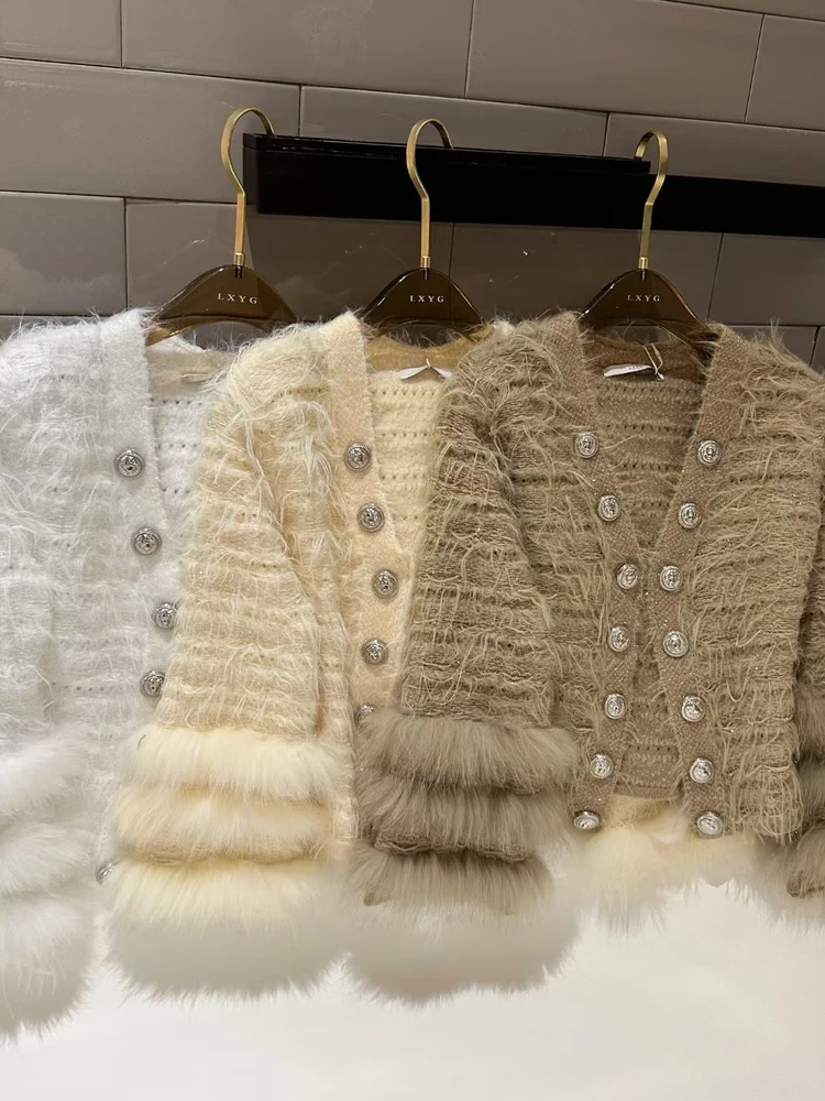   Fur Tassel Knitted Open Cardigan Short Style Women's Outerwear Soft French Style Light Luxury V-neck Button Clo... view 5