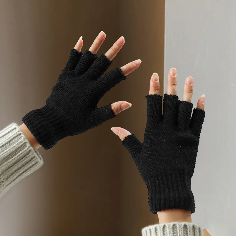Wool Half-Finger Gloves for Women, Cute Knitted Yarn Dual-Use Gloves for Men, Thickened for Warmth in Winter, Fingerless for Students