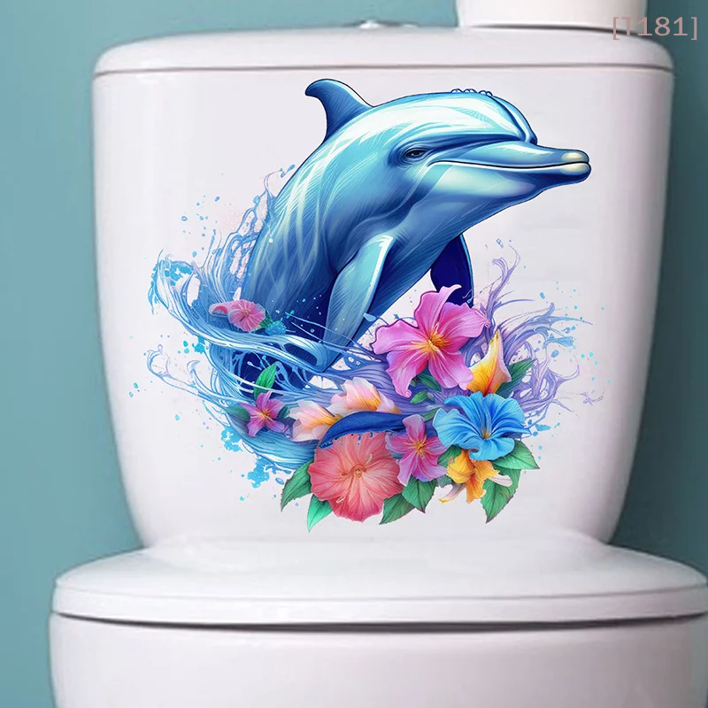 [E] Creative Flower Dolphins Toilet Stickers Self-adhesive Removable PVC Mural Wall Decals Refrigerator Bathroom Decoration