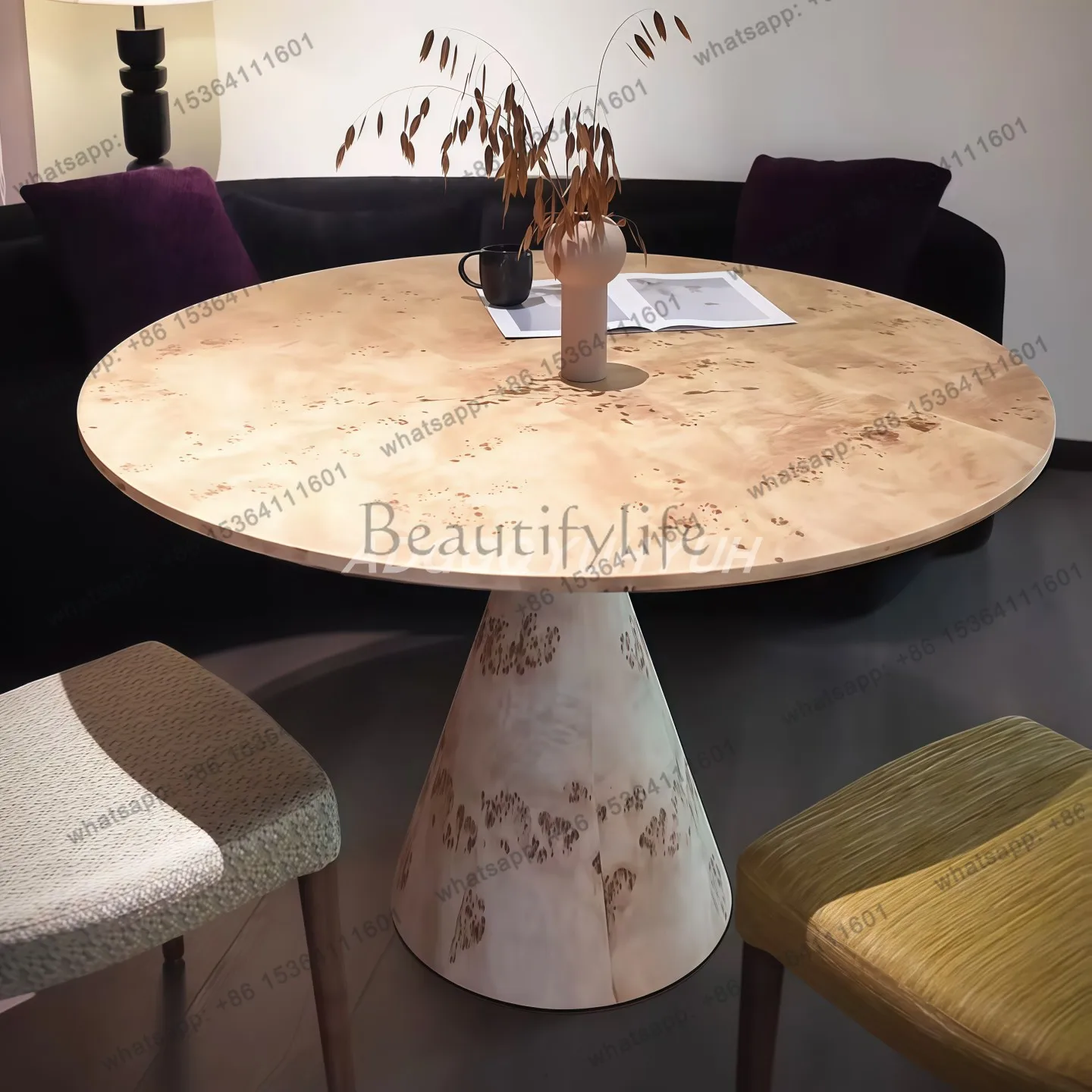 Italian Minimalist Natural Tree Lump Pattern Round Table Light Luxury Solid Wood Dining Table Designer Circular Workbench