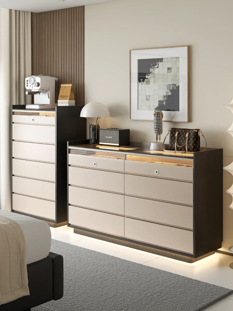 

Italian light luxury minimalist all-solid wood eight-bucket cabinet, bedroom bedside integrated combination cabinet, six-bucket