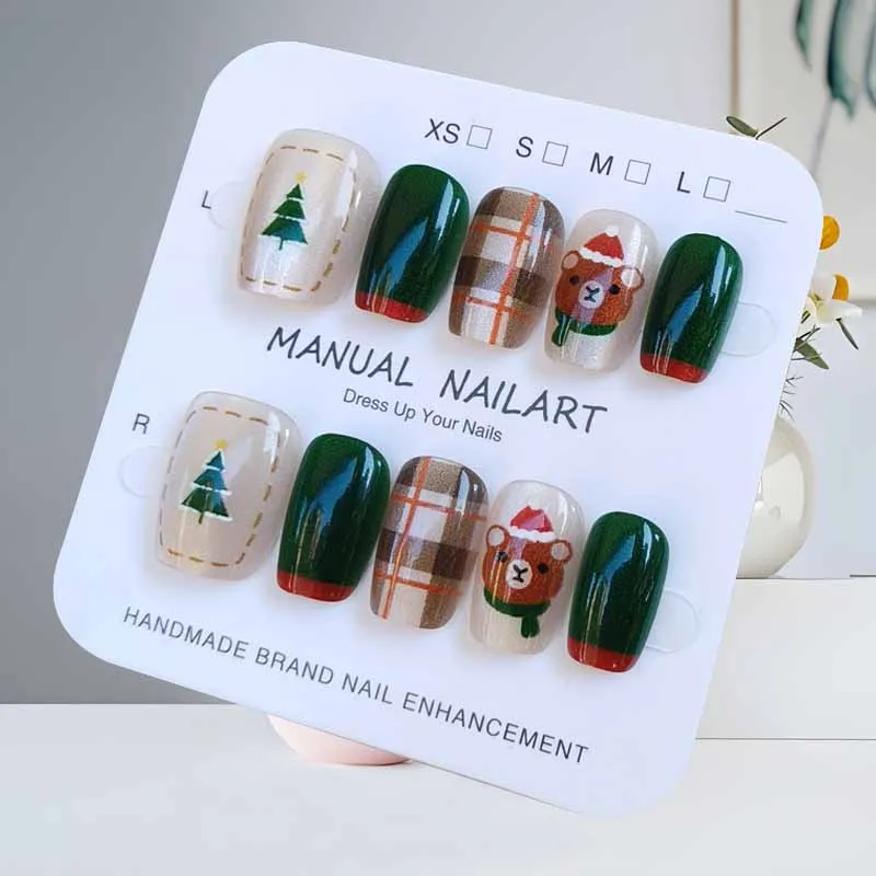 10 قطعة عيد الميلاد نصف اليدوية الصحافة على الأظافر الحلو فتاة شجرة عيد الميلاد والدب ندفة الثلج لطيف ثلج انفصال الأظافر كاذبة #6