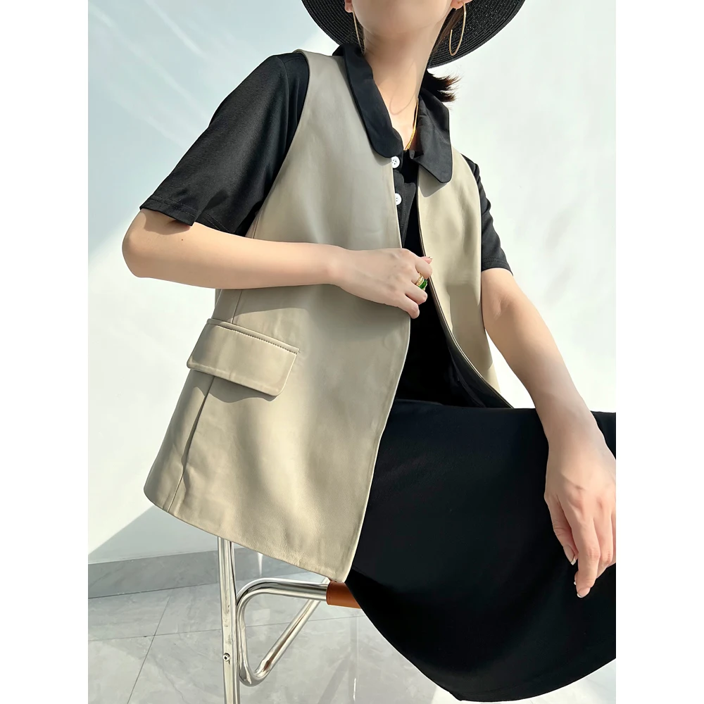 Recommend Women Leather Vest Female Elegant Magnetic Buckle Deep V-neck White Off Coletes Mujer Slit Loose Waistcoat Streetwear