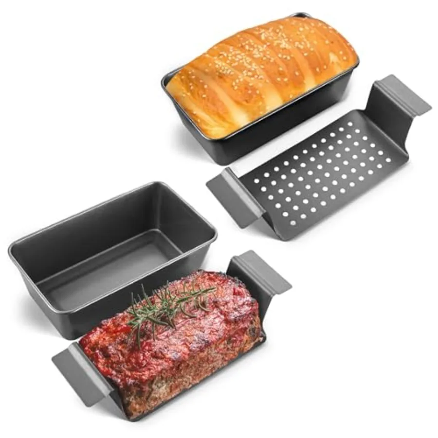 

4 Pack Meatloaf Pan with Drain Tray, 9 x 5 Inch Loaf Pans with Insert, Nonstick Meat Loaf for Baking, Grey