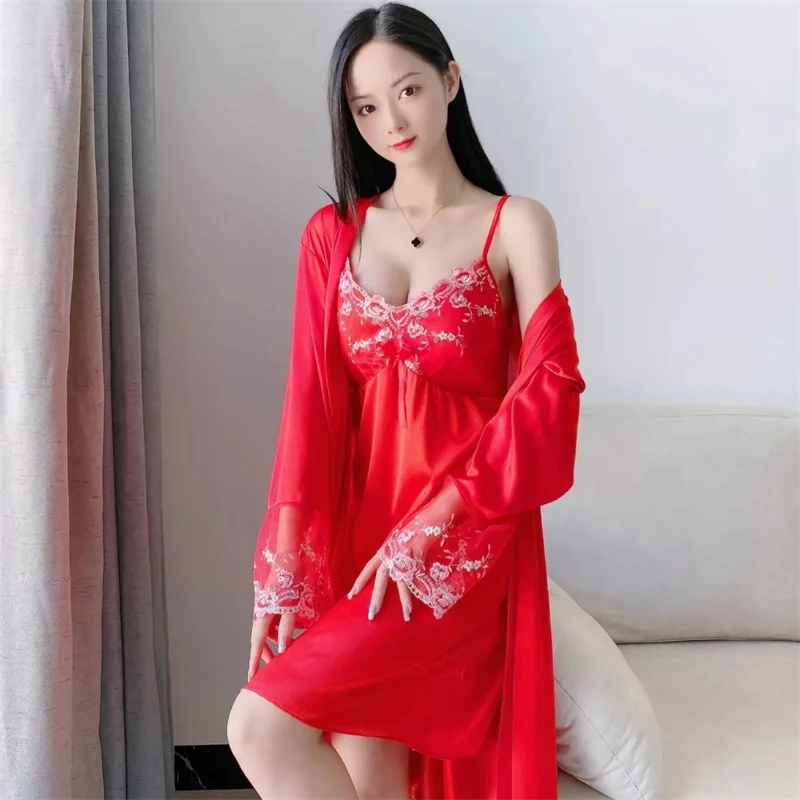 Robe Gown Sets Women 2pcs Solid Ice-silk Trendy Casual Lace Up Home Popular 3XL Loose Nightwear Sexy Thin Womens Bathrobe Chic