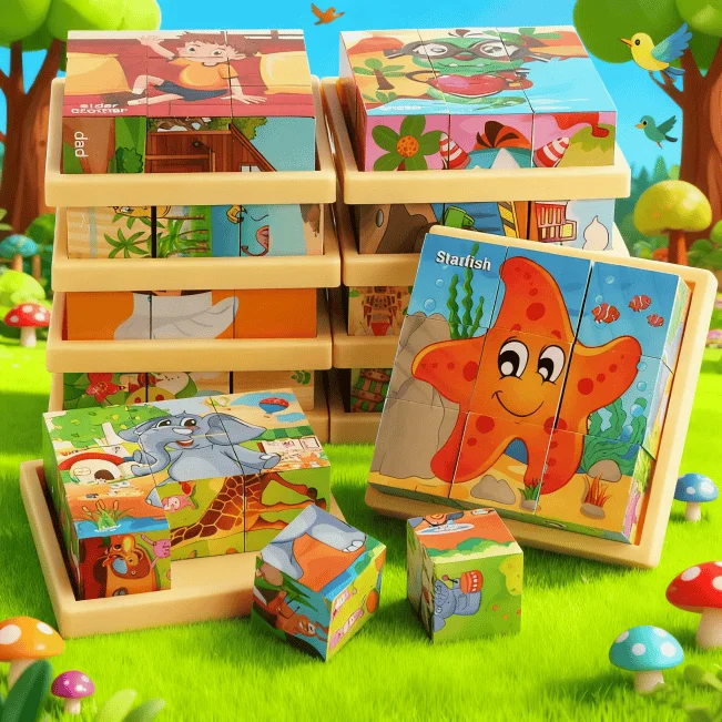 9-delige 3D houten kubuspuzzel Brain Teaser Logica Denkspellen Zeszijdig blokbak Zintuiglijk speelgoed voor kinderen Kid Gift Montessori