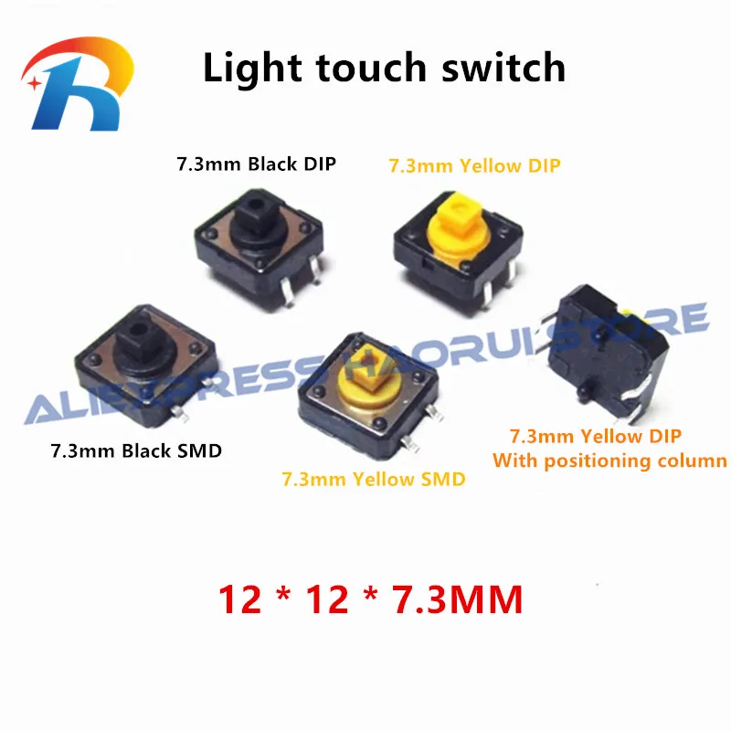 

1000Pcs 12*12*7.3mm 4Pin DIP SMD Tactile Switches Square Push Button Tact Switch 12x12x7.3MM Micro switch 12*12*7.3 Black Yellow