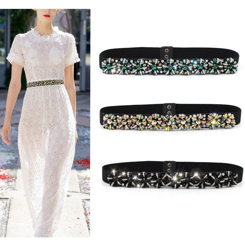 1PC Fashion Diamond Cummerbunds Thin Belt Women Decorative Corset Dress Shirt Female Elastic Waistband