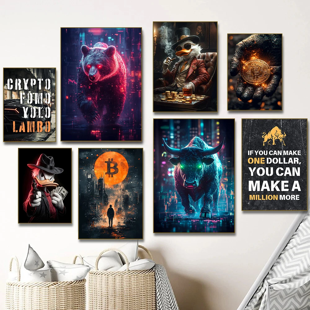 Gentleman Duck Smoking Trading Bear Bull Crypto Stock Market  Bitcoin Poster Canvas Painting Print Wall Living Room Home Deco