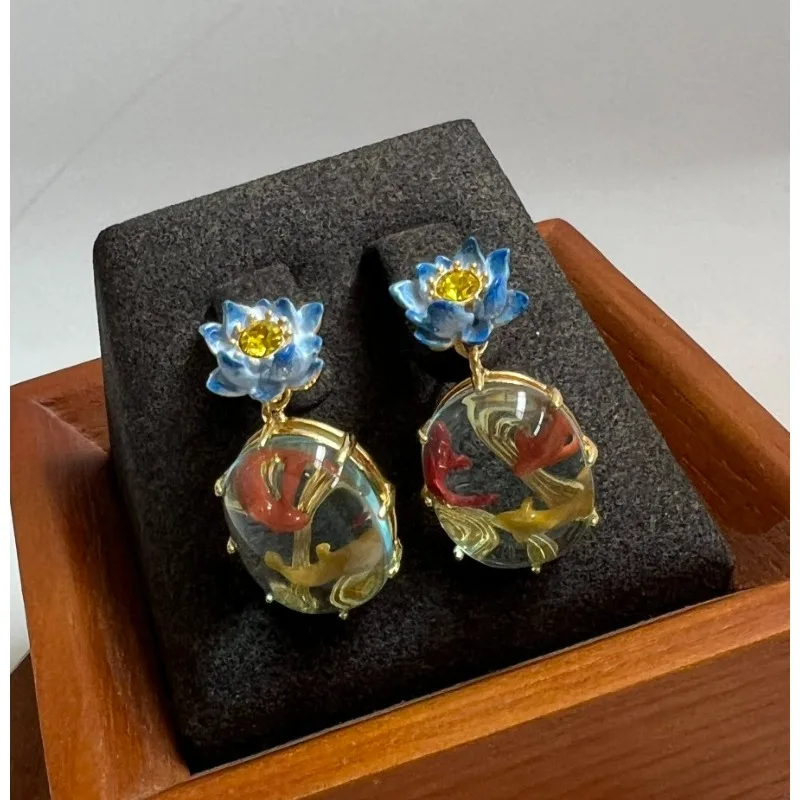 

French Design Niche Enamel Glaze Blue Lotus Pond Moon Color Oval Glass Koi Blue Lotus Earrings New Style Spring Summer Jewelry