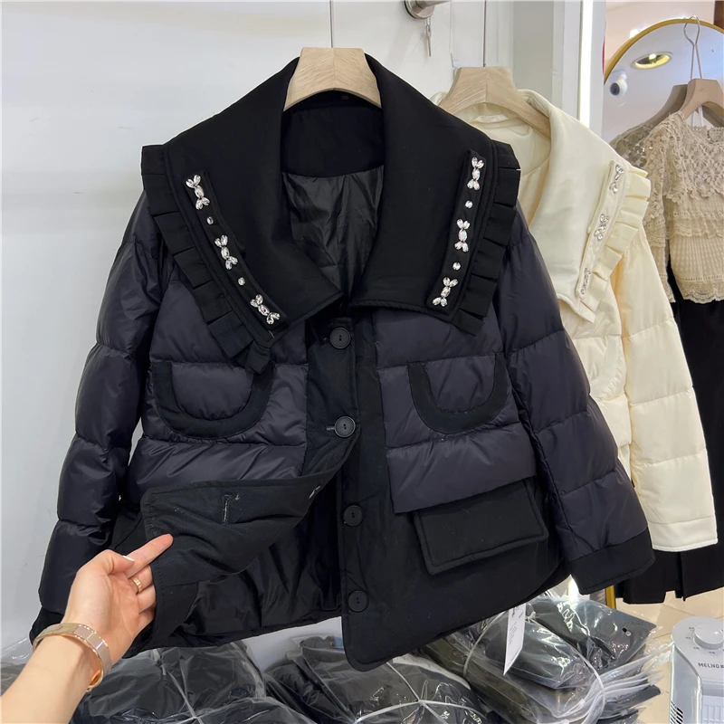 Korean Winter Women Short Down Jacket Crystal Ruffels Lapel Collar Thick Warm 90% White Duck Down Coat Ladies Casual Outerwear