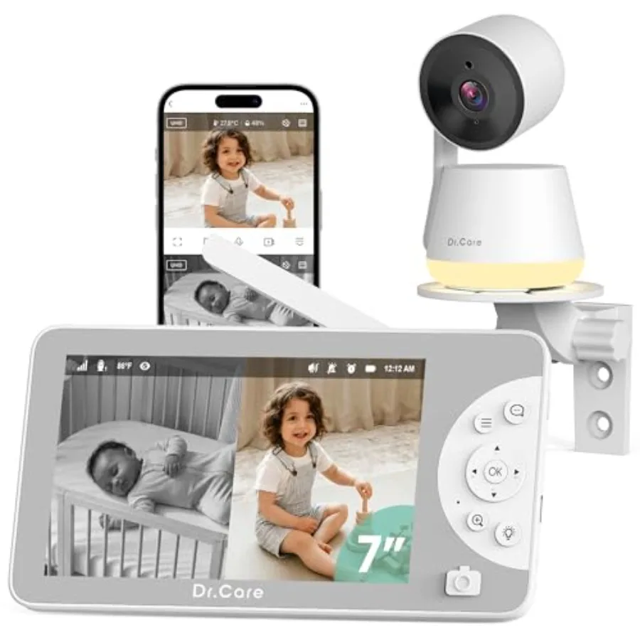 

Видеоняня Dr.Care LumiView Max Smart WiFi с камерой 7 дюймов 1080P FHD 2K, режимом конфиденциальности, обнаружением плача и движения, съемным аккумулятором 6000 мАч