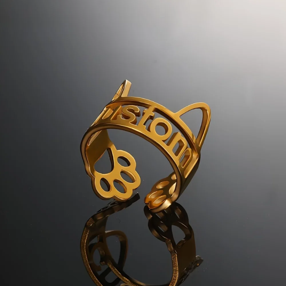 Custom Cat Ear Open Ring, Personalized Hollow Cat Paw Adjustable Ring, Stainless Steel Animal Statement Ring for Women