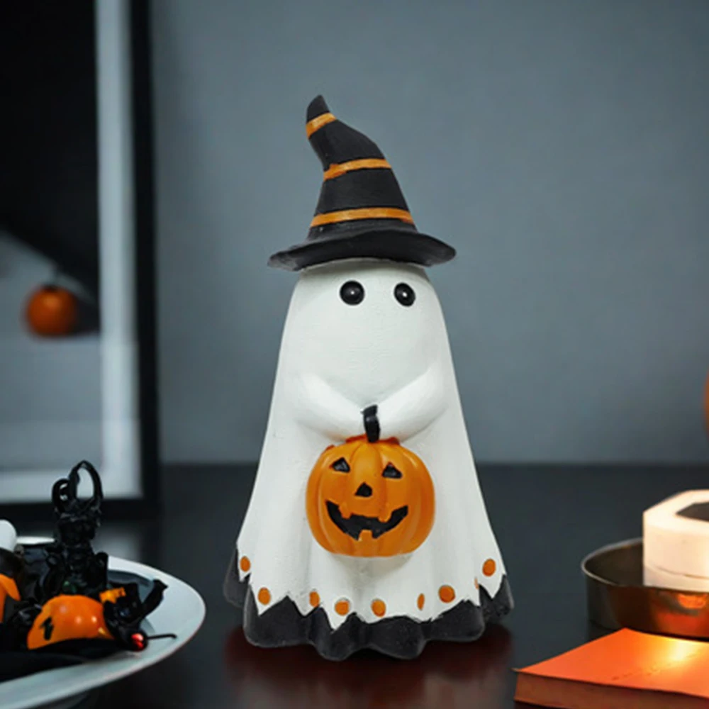 

Ghost Pumpkin Figurine Halloween Sculpture Resin Spooky Figure Prop Ornament Home Decoration for Bookshelf Windowsill Bedroom