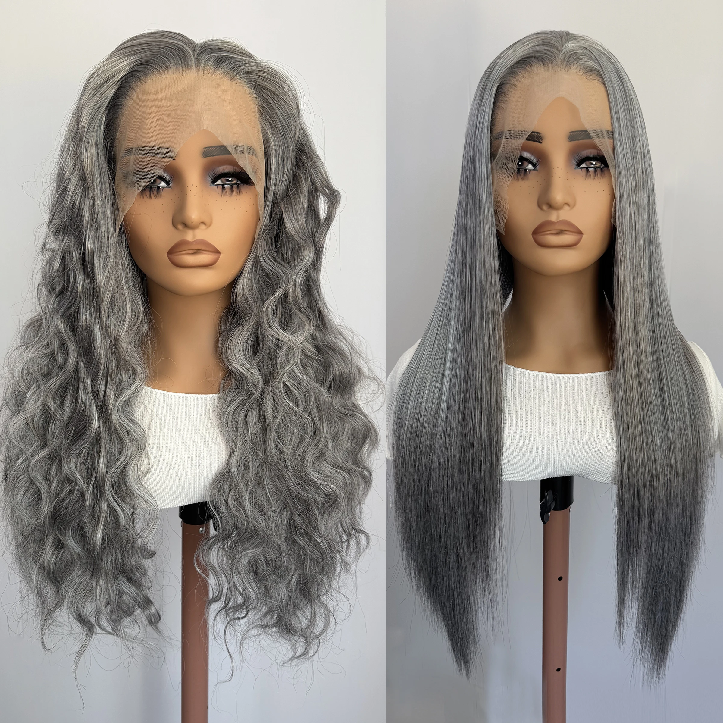 

Salt and Pepper Wig for Women 13x4 Lace Front Synthetic Hair Wigs Mixed White and Gray Color Natural Hairline Daily Wear Cosplay