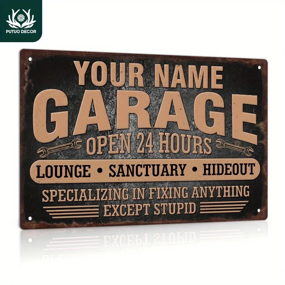 1pc 2D Flat Custom Repair Theme Garage Plaque, Rustic Vintage 24H Lounge Hideout Wall Sign, Decor Gift for Man Cave