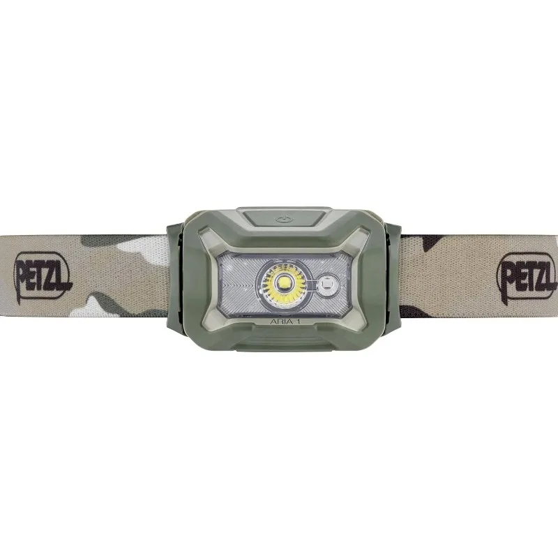 PETZL ARIA 1 RGB, Linterna frontal compacta, duradera e impermeable con modos blanco, rojo, verde y azul, 350 lúmenes, Camo