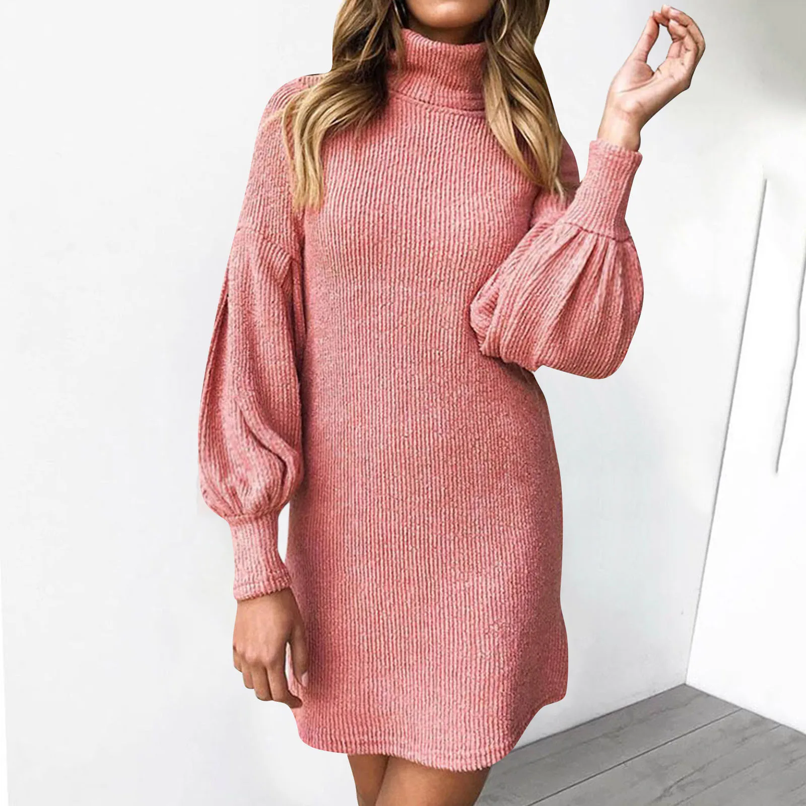 Women Winter Loose Sweater Dress Knee-length Dress Women Long Sleeve Autumn Turtleneck Warm Knitted Casual Sweater Dress