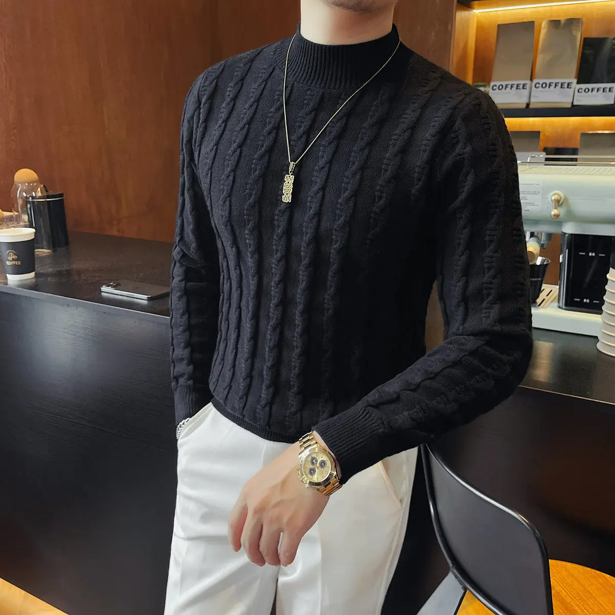 High-quality Half-high Collar Knitted Sweater for Men Autumn Winter Long-sleeved Base Shirt Versatile Casual Business Pullover