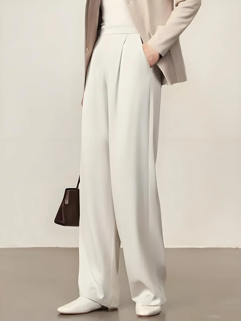 SuyaDream, Long Pants Woman, 93%Silk 7%Spandex, Elastic Waist, Solid Chic Trousers, 2025 Spring Summer Bottoms, Beige, Black