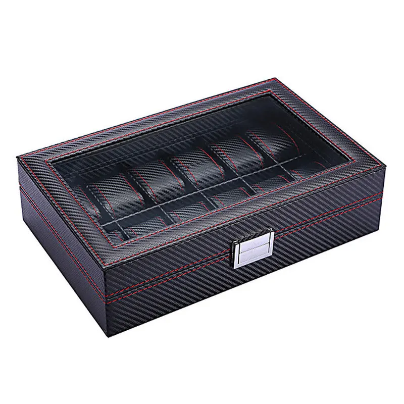 6/10/12/6Plus3 Slots Carbon Fiber Display Watch Box Organizer Jewelry Storage Case Transparent Watch Stand Box caja para relojes