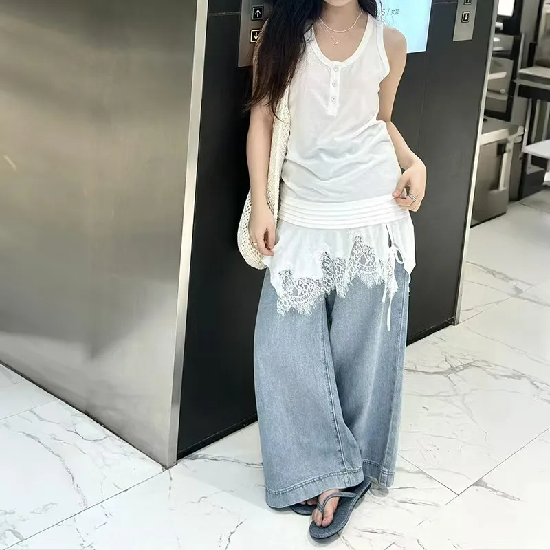 Gilet mi-long sans manches à col en U pour femmes, haut en dentelle irrégulière, chemise inférieure de haute qualité, été, nouveau, 2025