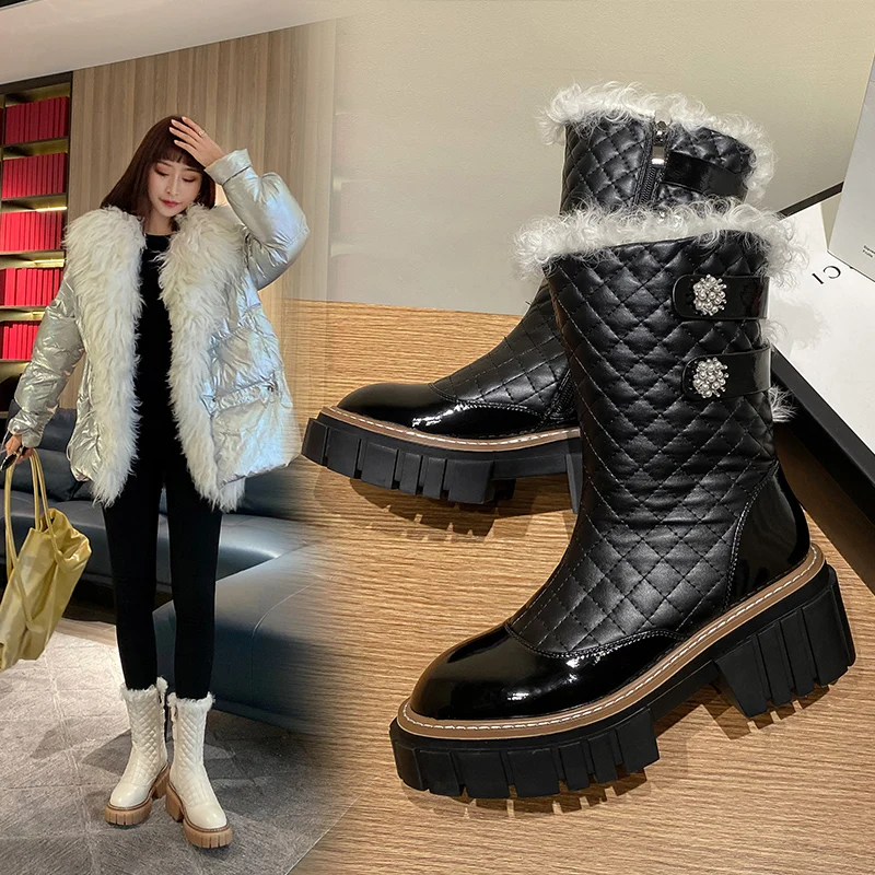 2022new European winter boots natural leather warm snow boots 22-24.5cm Fur one cowhide+wool side zip ankle boots platform boots