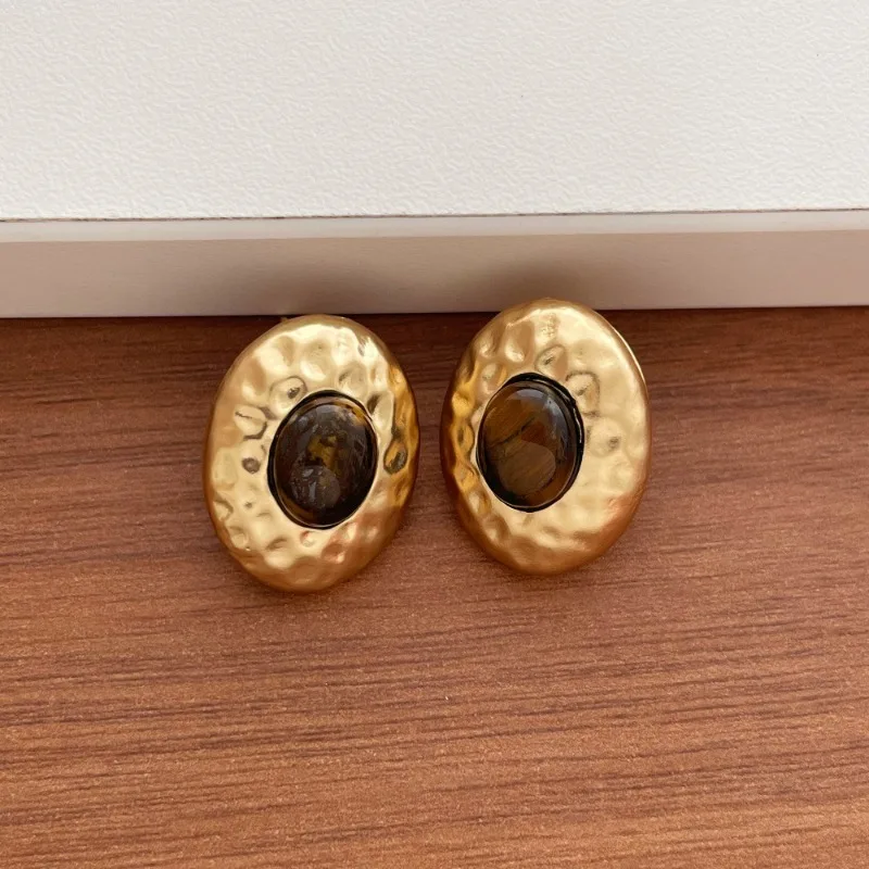 Minar Vintage Natural Stone Tiger Eyes Kallaite Matte Color Oval Drop Earrings for Women Real Gold Silver Plated Copper Alloy