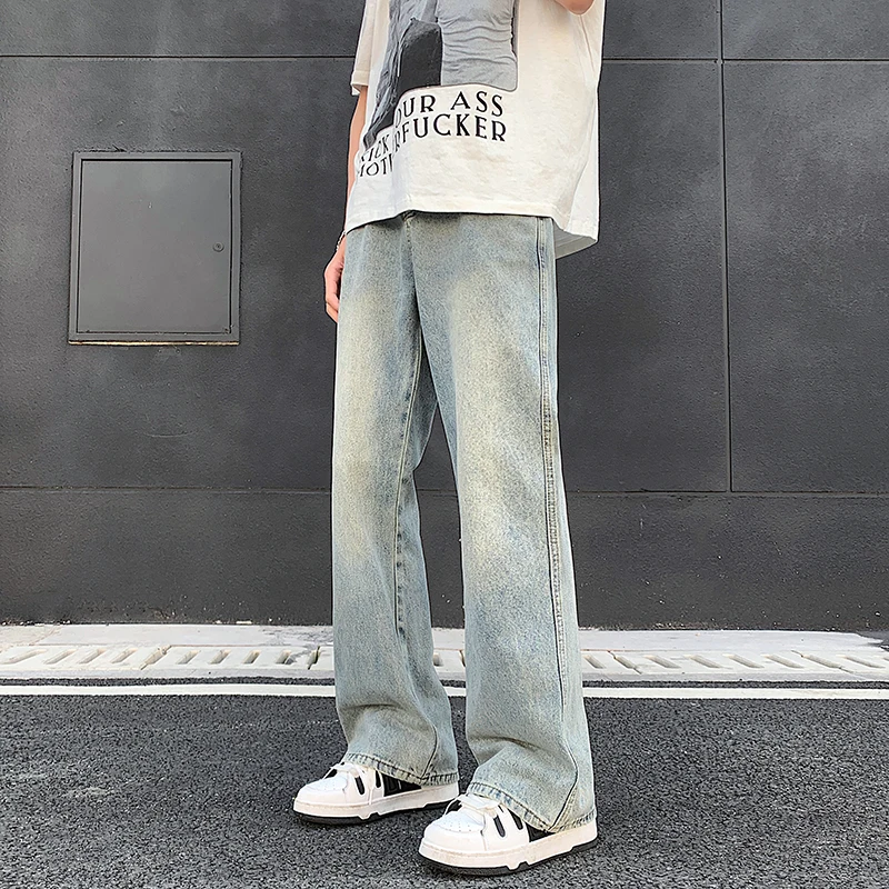 

2024 Harajuku Washed Vintage Straight Wide Leg Denim Pants Men High Street Baggy Casual Flare Jeans Trousers Oversized W438