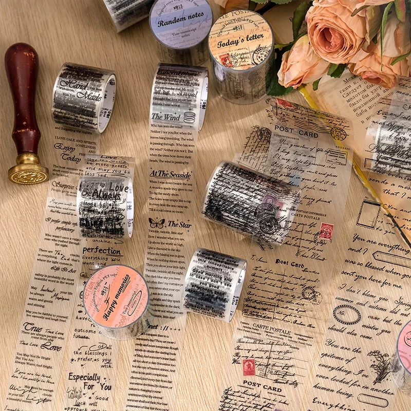 PET Vintage English Transparent Tape Stickers Scrapbooking DIY Handbook Background Decoration Sticker Aesthetic Craft Supplies