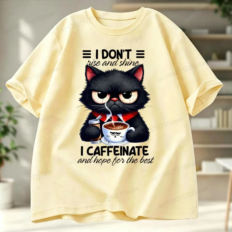 Funny Coffee Loving Cat Vintage Men's T-shirt Fun Quirky Style Humor Animal Graphic Unisex Trend Hip Hop Streetwear Tee Shirts